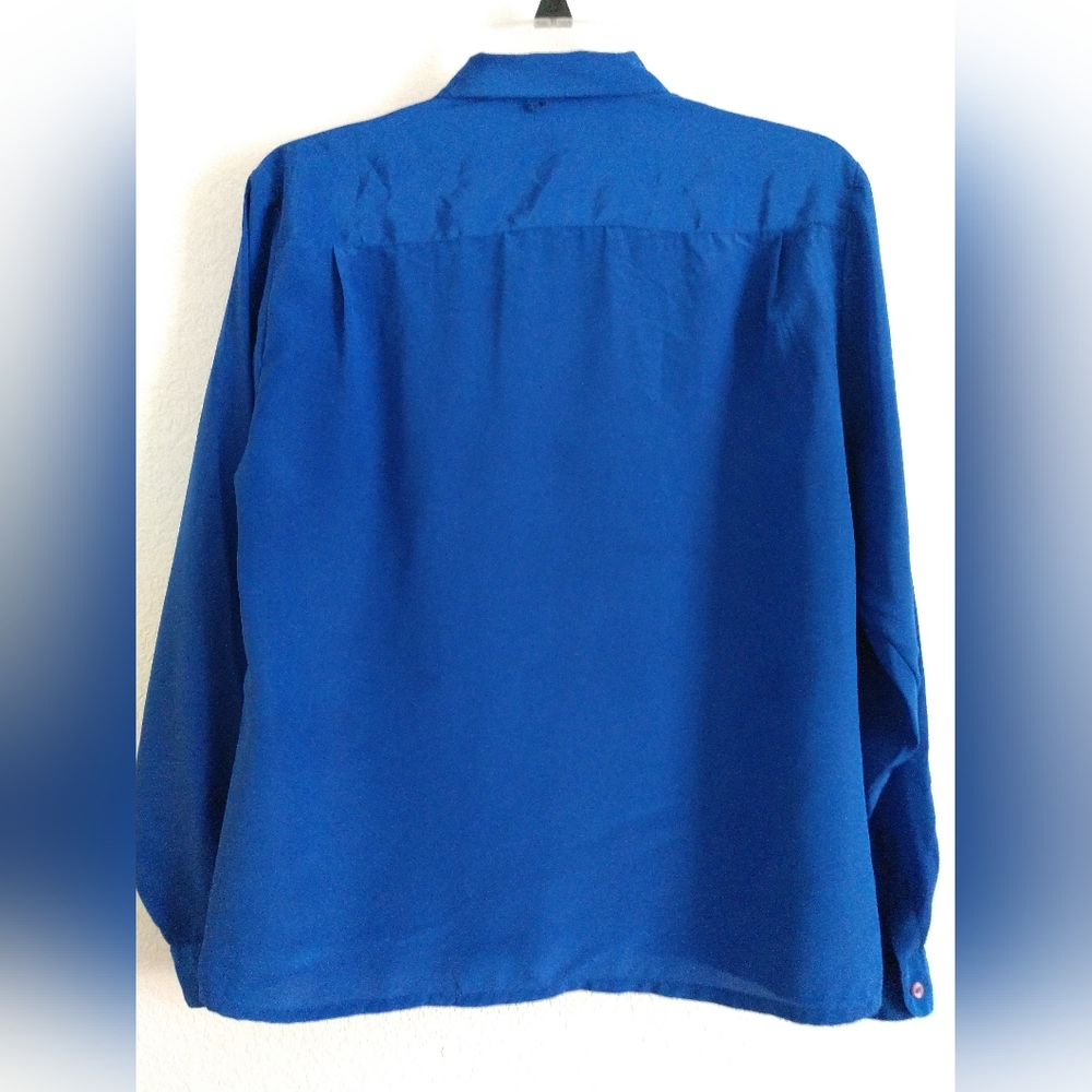 Vintage Elle Blouse Blue Pleated Front V Neck Long Sleeve Size 10 Chest 40" - Picture 3 of 4